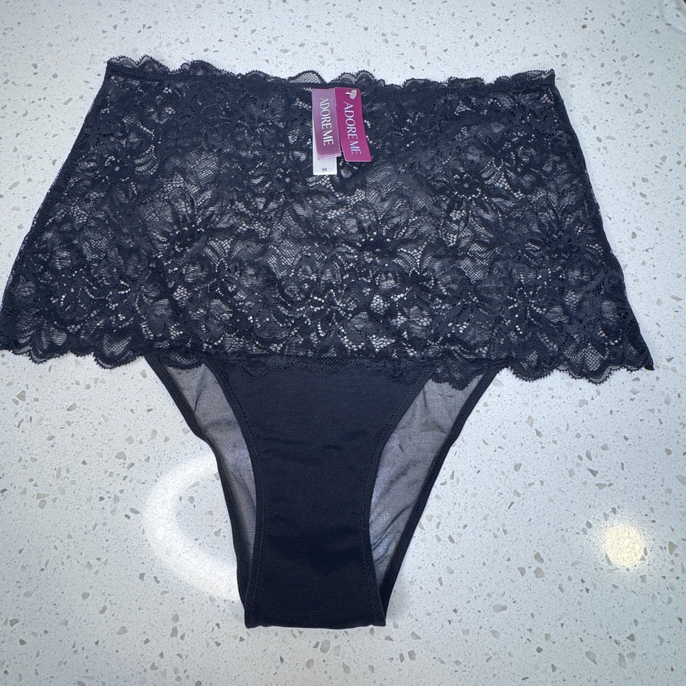 Adore Me Womens Jet Black Floral Lace High Waisted Panties Briefs NWT Medium
